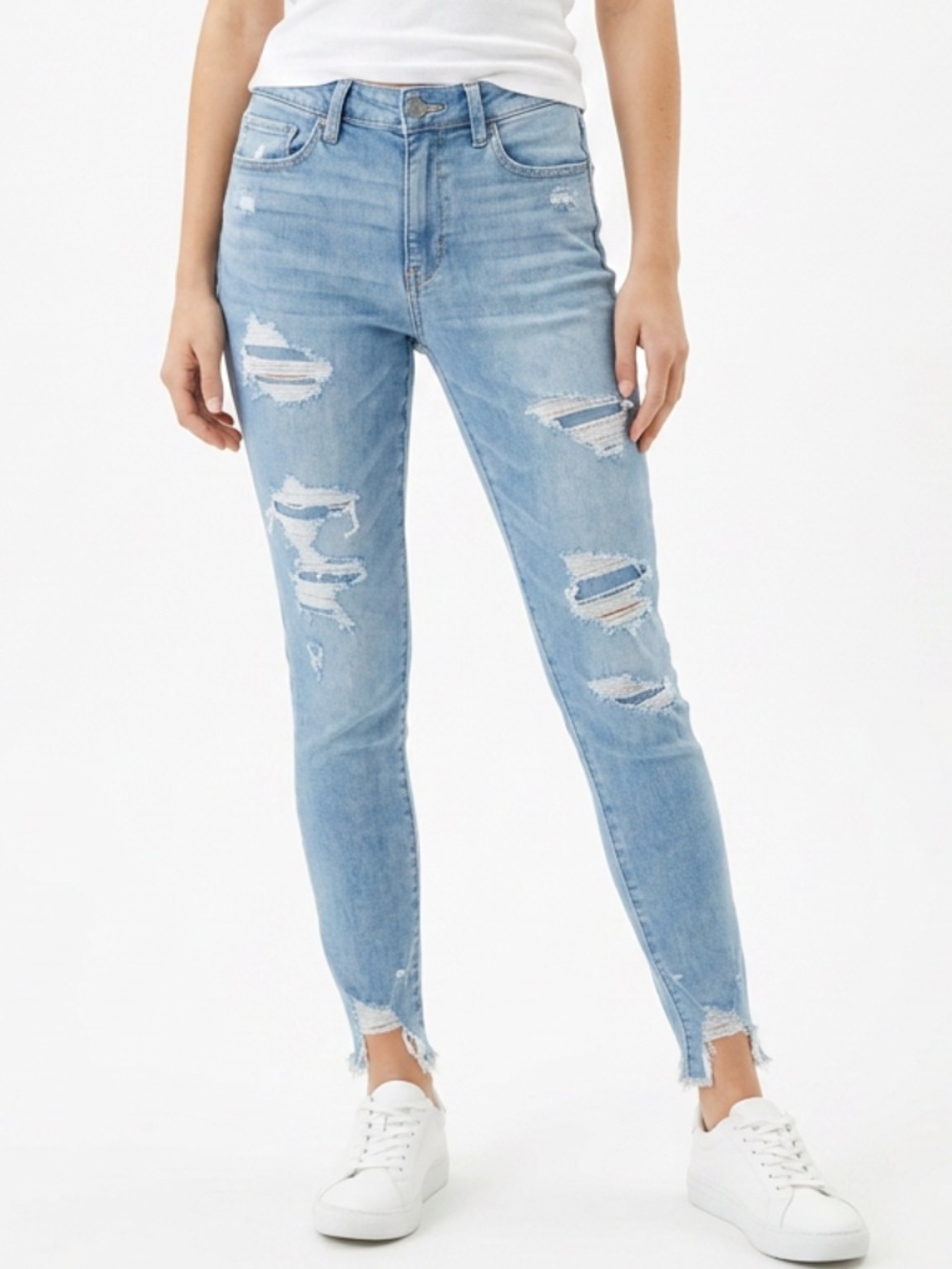 American Eagle • Hi Rise Jegging Distressed Raw Hem Jeans Size 6 Stretch